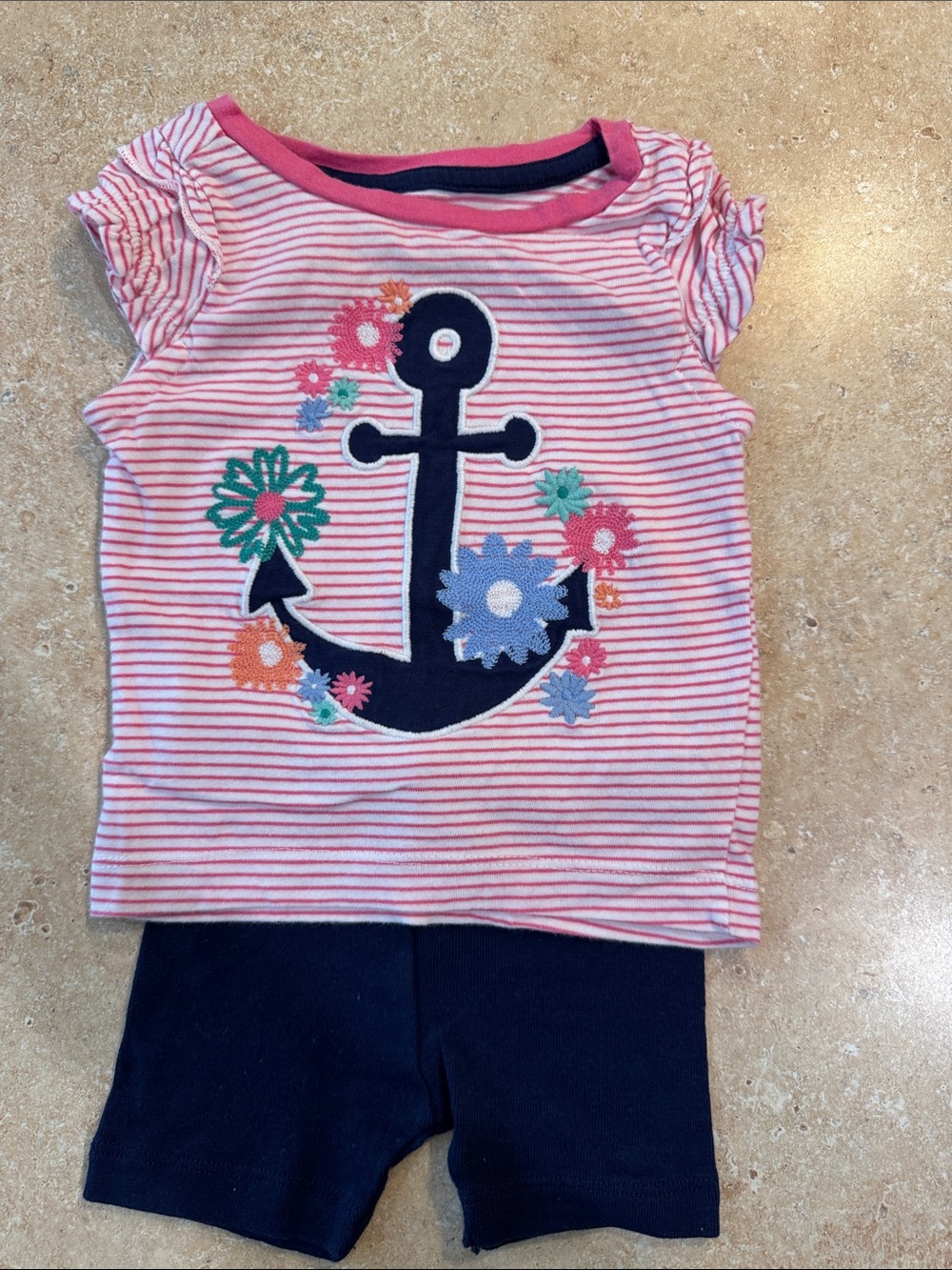 Gymboree Pink Striped Tee with Navy Anchor and Floral Appliqués